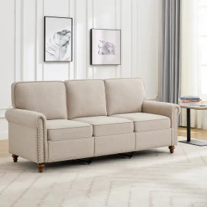 mcc direct 3 Seater Sofa, Couch Linen Fabric Settee for Living Room, Bedroom, Guest Room, Office - Studded (Beige)