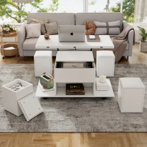 PINGGO Lift Up Coffee Table Coffee Table With Storage Lift-Top Sofa End Tea Tables for Living Room Furniture White