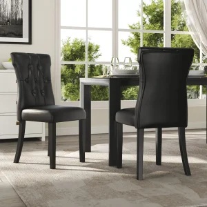 Set of 2 Black PU Leather High Backrest Dining Chairs Upholstered Kitchen Chairs with Rubber wood Legs,45cm W x 54cm D x 92cm H