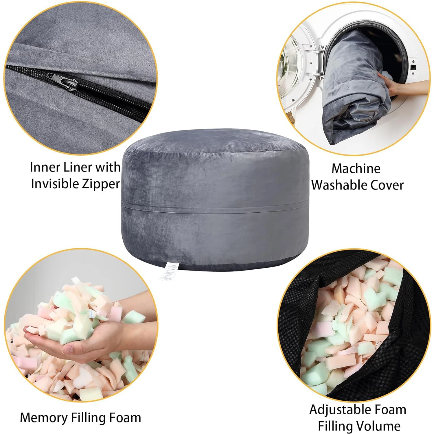 XXL Velvet Bean Bag Chair 120x120x70cm Soft Fluffy Lazy Sofa with Premium Foam Filling for Living Room Bedroom Gaming - Image 4