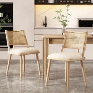 Set of 2/4/6,PU seat,rattan backrest,Bamboo kitchen chair with imitation rattan backrest and retro side armchair,beige