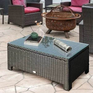 Outsunny Outdoor PE Rattan Coffee Table, Rectangular Garden Tea Table w/ Tempered Glass Top, Black