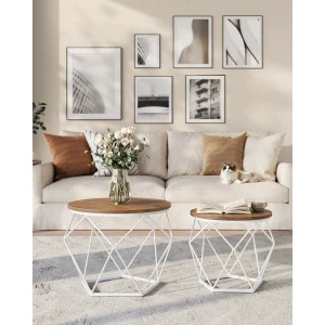 VASAGLE Round Coffee Table, Set of 2, Side Table, Sofa End, Modern Style, Removable Top, Steel Frame, for Living Room