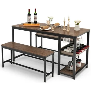 GOFLAME 3PCS Dining Table Set Kitchen Table & 2 Benches W/ Storage Shelf Wine Rack