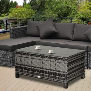 Outsunny PE Rattan Coffee Table, Rectangular Outdoor Coffee Table w/ Tempered Glass Top for Garden, Deck, Patio, Mixed Grey