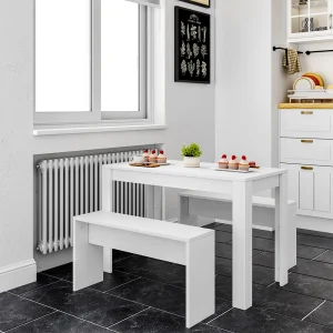 Haodirect Modern Dining Table and Bench Set 3 Piece Set for Small Space 4 Seater Particleboard Kitchen Dining Table Chair Set