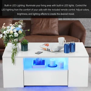Modern Coffee Table with LED Lights – 2 Drawers, 15Mm UV High Gloss End, E2 MDF Board