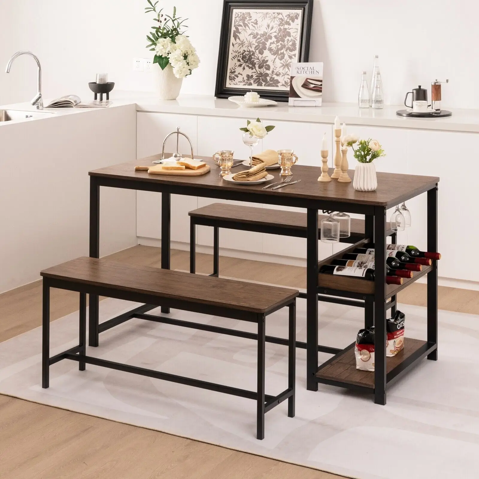 GOFLAME 3PCS Dining Table Set Kitchen Table & 2 Benches W/ Storage Shelf Wine Rack - Image 5