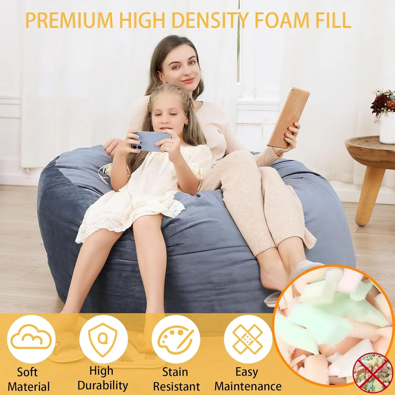 XXL Velvet Bean Bag Chair 120x120x70cm Soft Fluffy Lazy Sofa with Premium Foam Filling for Living Room Bedroom Gaming - Image 3