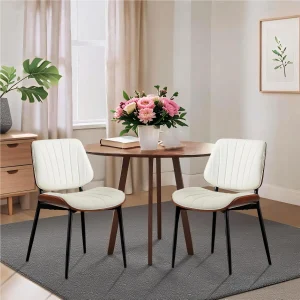Dining Chairs Set of 2, Modern PU Leather Upholstered Accent Chairs with Shell Strips, Walnut Bentwood Back and Metal Legs