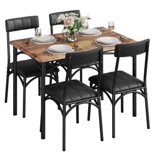Dining Table Set for 4, Kitchen Table and Chairs, Metal and Wood Rectangular Dining Room Table Set for Small Space, Apartment