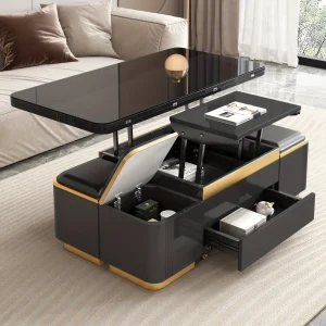 Versatile Lift Coffee Table, Coffee Table Featuring 4 Storage Stools And an Expandable Top, Central Table for Living Room, And S