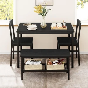 Modern Dining Room Table Set with Storage Racks Home Dining Table Set for 4 with Bench, Kitchen Table and Chairs Set