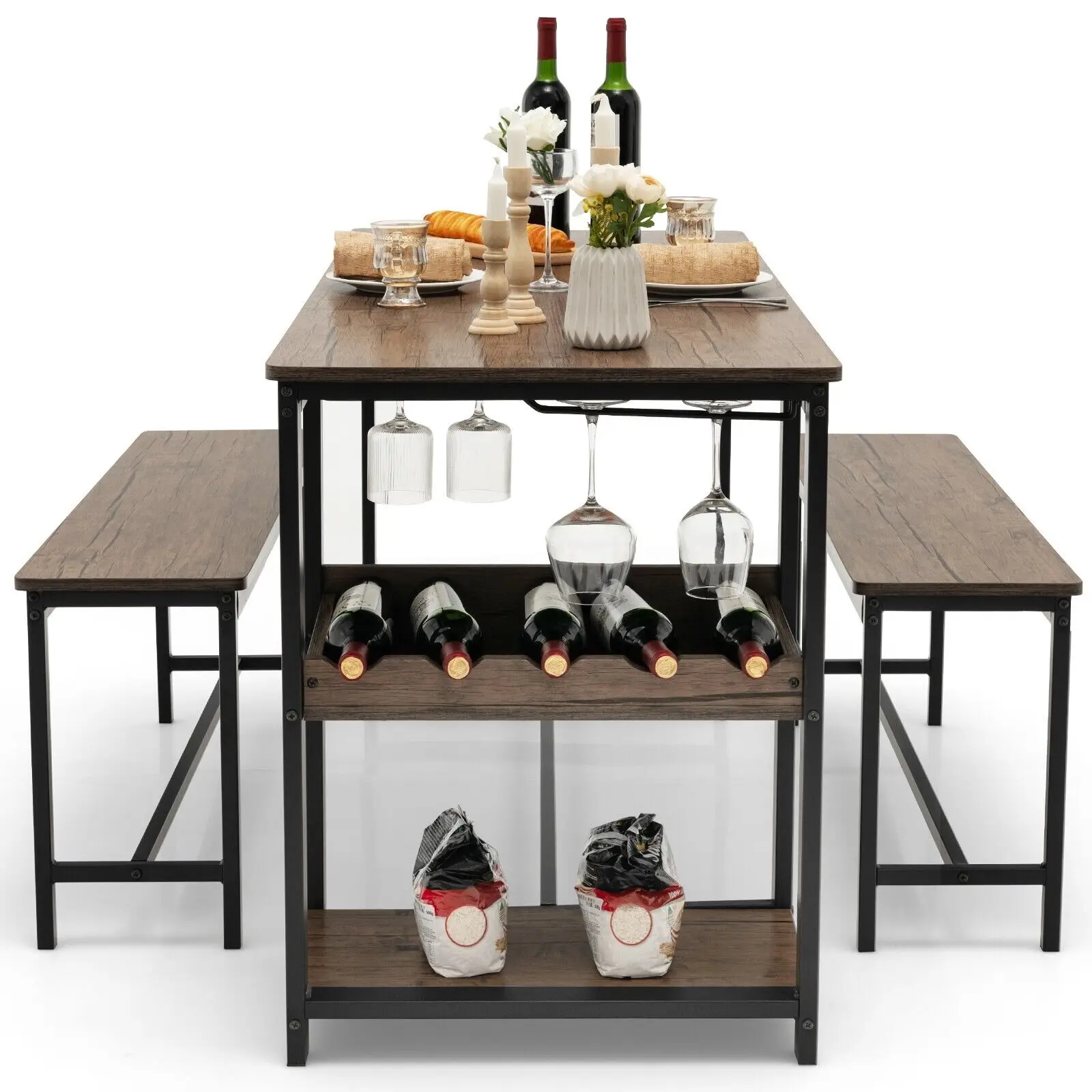 GOFLAME 3PCS Dining Table Set Kitchen Table & 2 Benches W/ Storage Shelf Wine Rack - Image 4