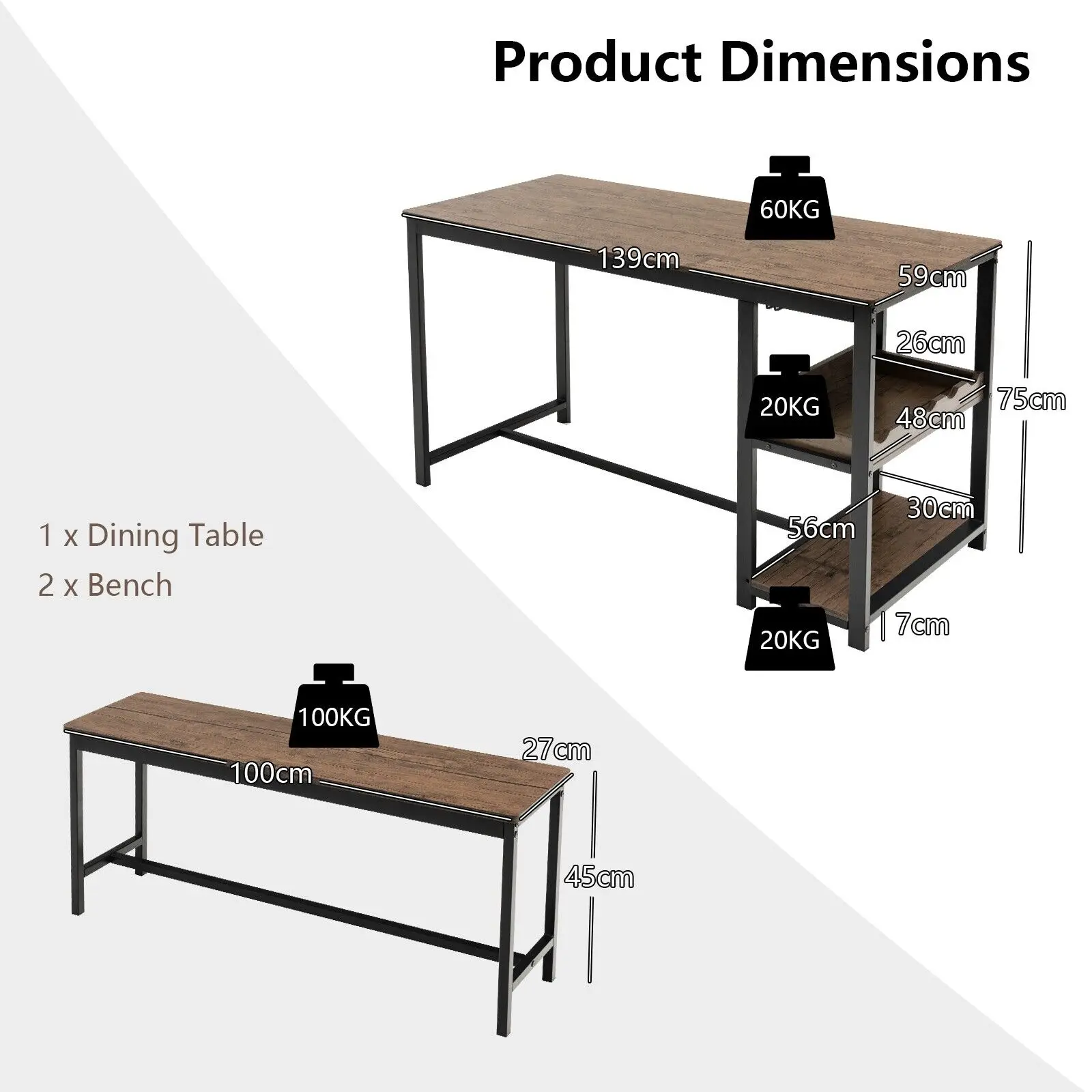 GOFLAME 3PCS Dining Table Set Kitchen Table & 2 Benches W/ Storage Shelf Wine Rack - Image 2
