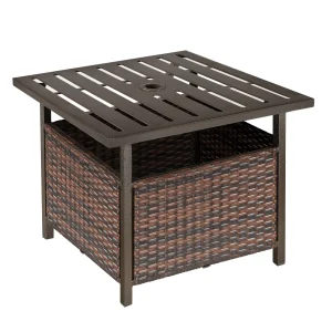 Rattan Garden Coffee Table,Square Wicker Patio Side Coffee Table with 4 cm Umbrella Hole,Metal Bottom and Slatted Top,Brown ﻿