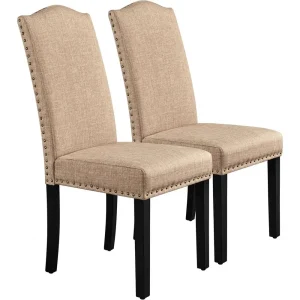 Pair of Khaki Upholstered Fabric Dining Chairs with High Backs and Wooden Legs for Home Kitchen and Dining Room