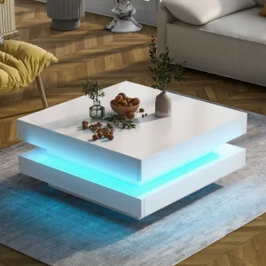 Ye White Square High Gloss Coffee Table with 360° Rotating Top, Tea Table with LED light, 70x70x36 cm