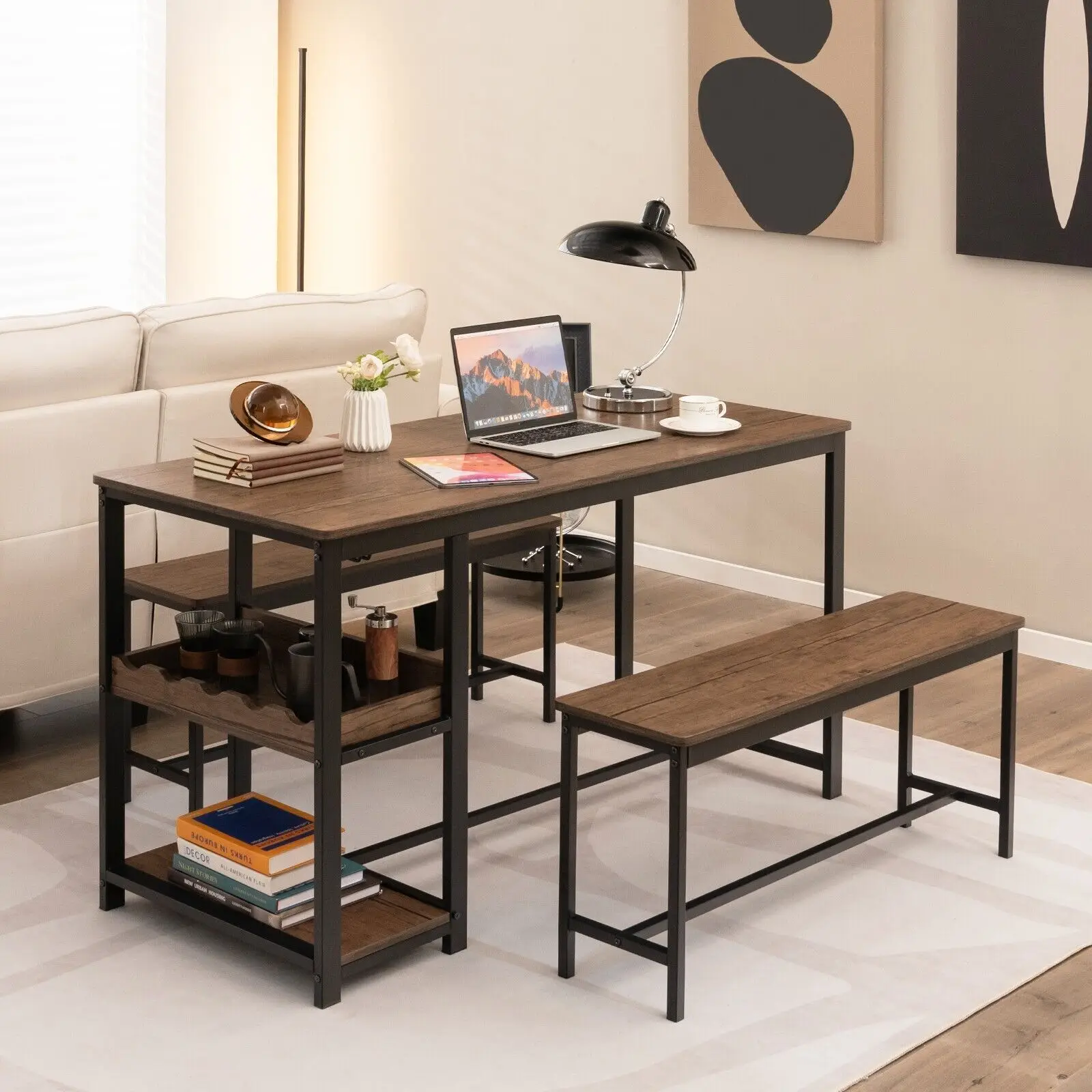 GOFLAME 3PCS Dining Table Set Kitchen Table & 2 Benches W/ Storage Shelf Wine Rack - Image 3